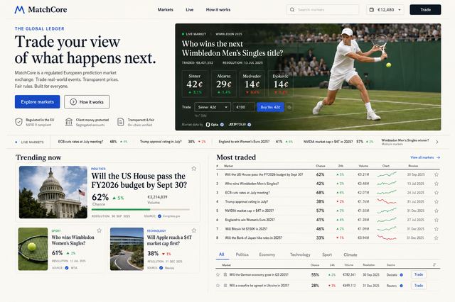 Concept design: a Polymarket-style catalog homepage with a featured live market, trending markets and a most-traded table