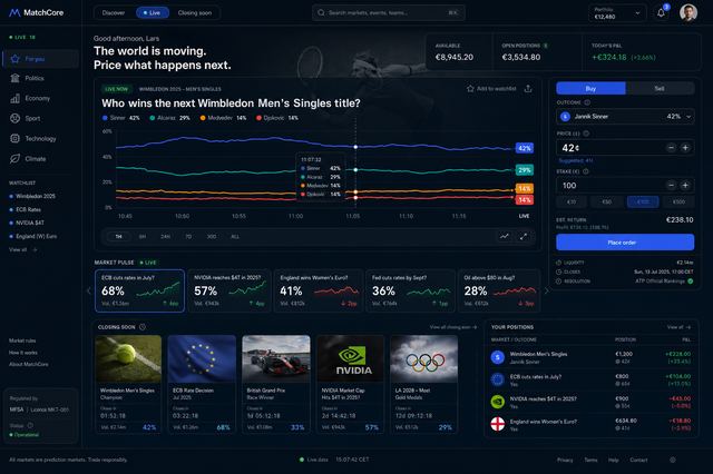 Concept design: a dark-mode trading terminal with a live price chart, order ticket and open positions